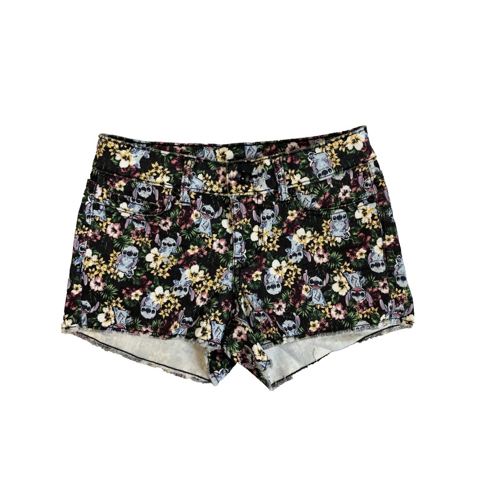 Disney Juniors 3 Black Lilo & Stitch Floral Cut Off Denim Shorts Resort Vacation